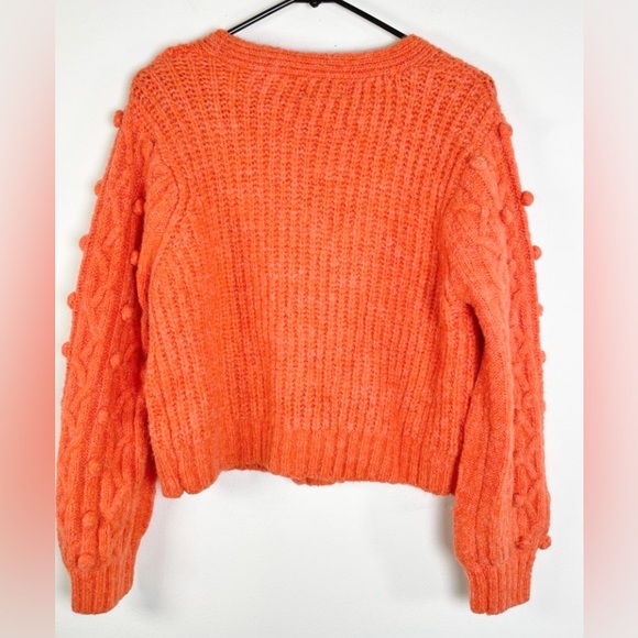 Anthropologie Vici Pom Pom Chunky Wool Blend Cardigan M Slouchy Festive Orange - Picture 2 of 5